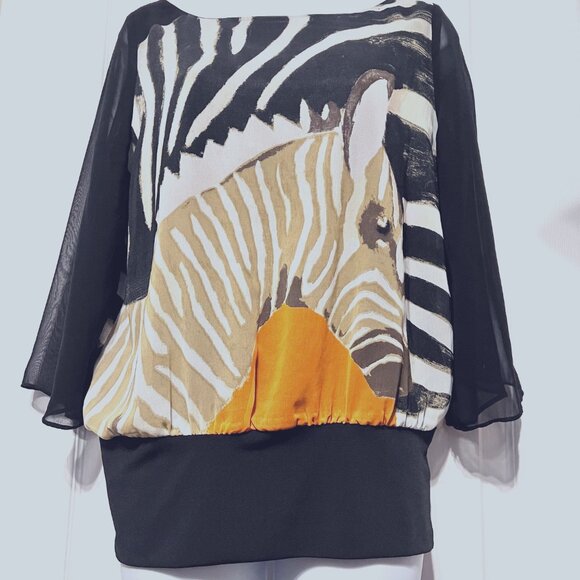 Very Vollbrach Women's Blouse-Sheer Sleeves-Size Small-Black/Zebra Print-Baggy - Picture 2 of 15